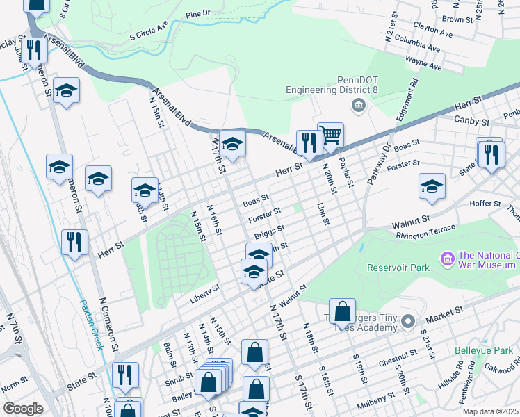 map of restaurants, bars, coffee shops, grocery stores, and more near 910 North 18th Street in Harrisburg