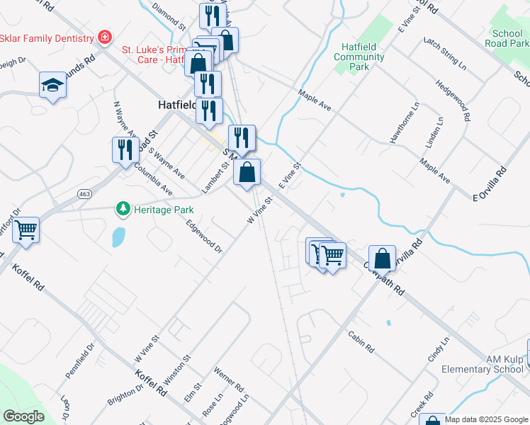 map of restaurants, bars, coffee shops, grocery stores, and more near 36 West Vine Street in Hatfield