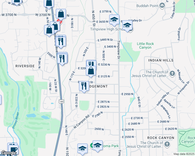 map of restaurants, bars, coffee shops, grocery stores, and more near 422 East 3125 North in Provo
