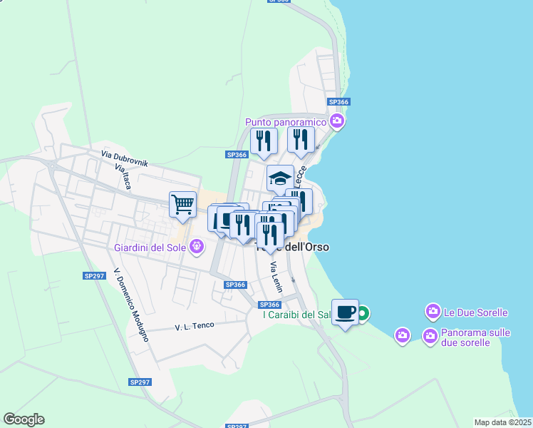 map of restaurants, bars, coffee shops, grocery stores, and more near 10-13 Via Giacomo Leopardi in Torre Dell'orso