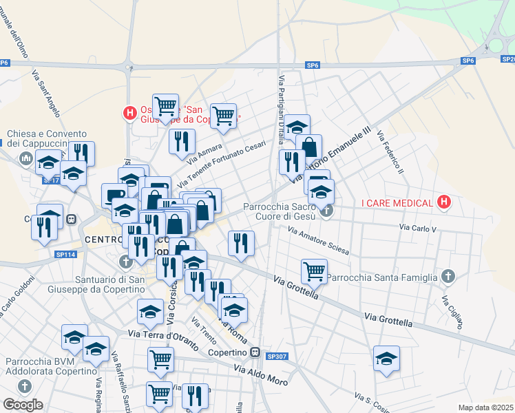 map of restaurants, bars, coffee shops, grocery stores, and more near 294 Via Mariano Cosimo in Copertino