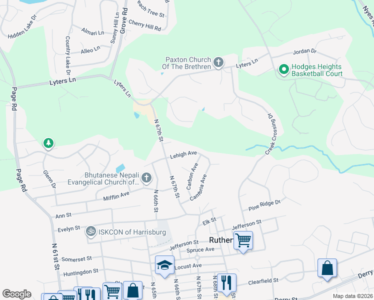 map of restaurants, bars, coffee shops, grocery stores, and more near 6738 Lehigh Avenue in Harrisburg