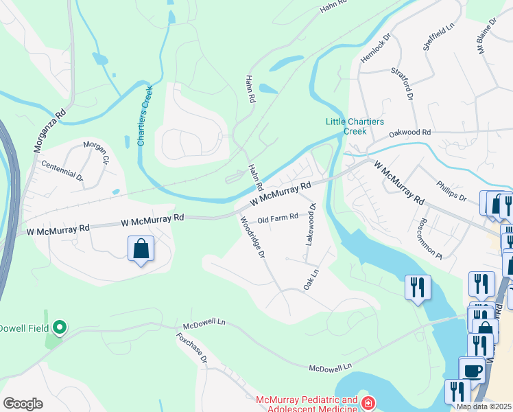 map of restaurants, bars, coffee shops, grocery stores, and more near 505 West McMurray Road in Canonsburg