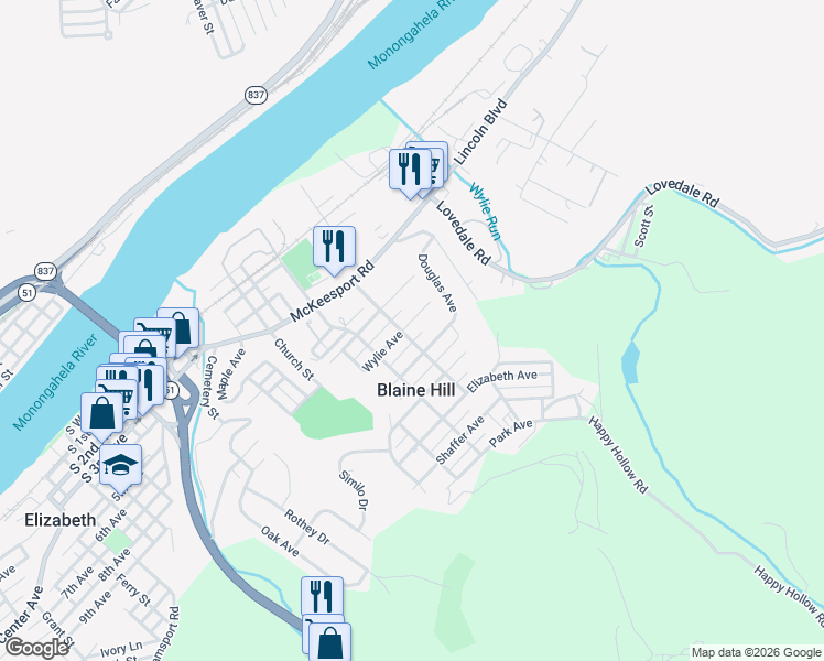 map of restaurants, bars, coffee shops, grocery stores, and more near 502 Wylie Avenue in Elizabeth