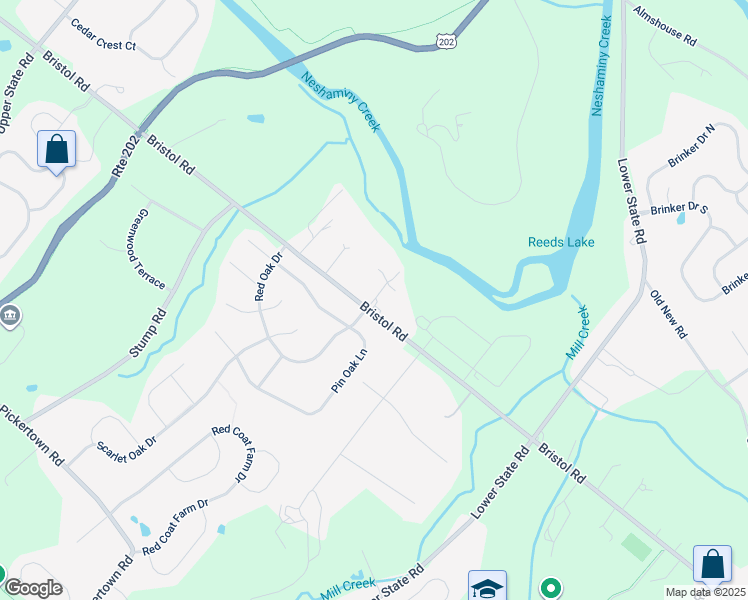 map of restaurants, bars, coffee shops, grocery stores, and more near Neshaminy Dell Drive in Doylestown