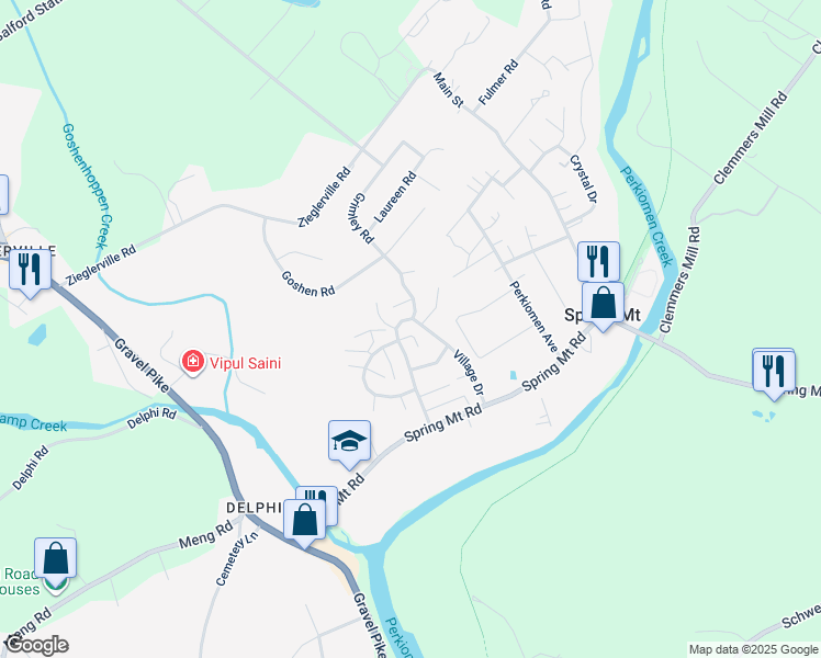 map of restaurants, bars, coffee shops, grocery stores, and more near 128 Village Drive in Schwenksville