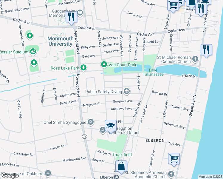 map of restaurants, bars, coffee shops, grocery stores, and more near 296 Lockwood Avenue in Long Branch