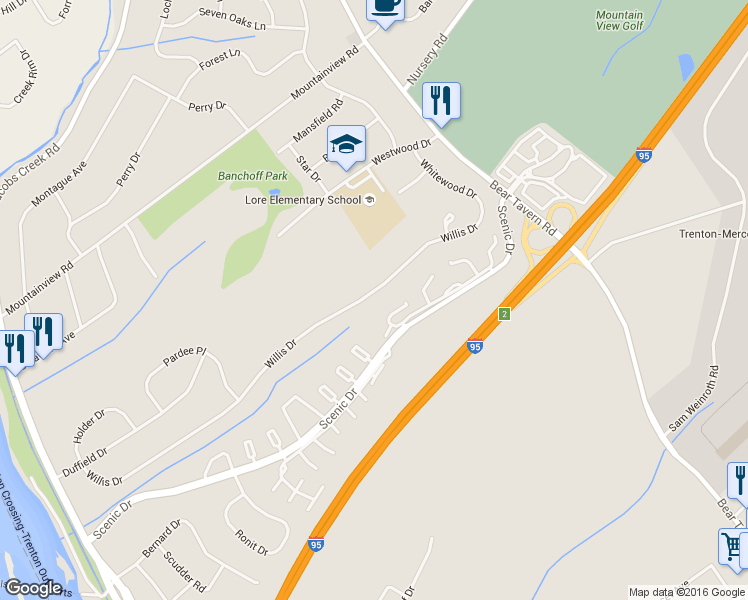map of restaurants, bars, coffee shops, grocery stores, and more near 67 Willis Drive in Ewing Township