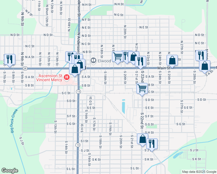 map of restaurants, bars, coffee shops, grocery stores, and more near 1807 South B Street in Elwood
