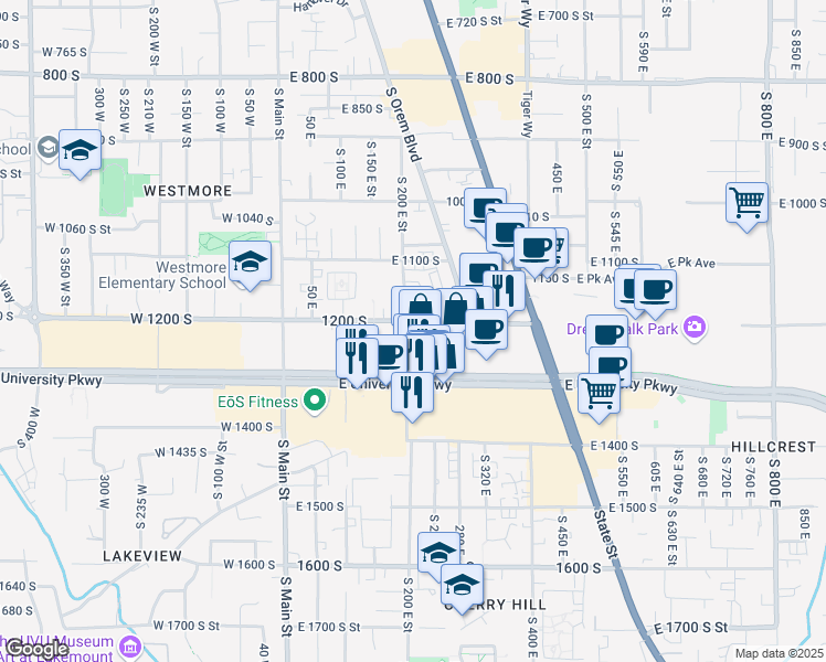 map of restaurants, bars, coffee shops, grocery stores, and more near 204 1200 South in Orem