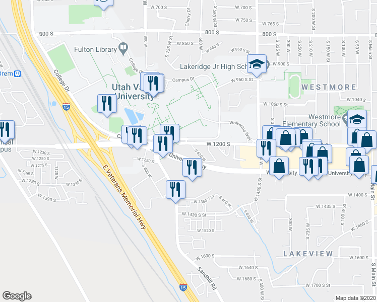 map of restaurants, bars, coffee shops, grocery stores, and more near 643 West 1200 South in Orem