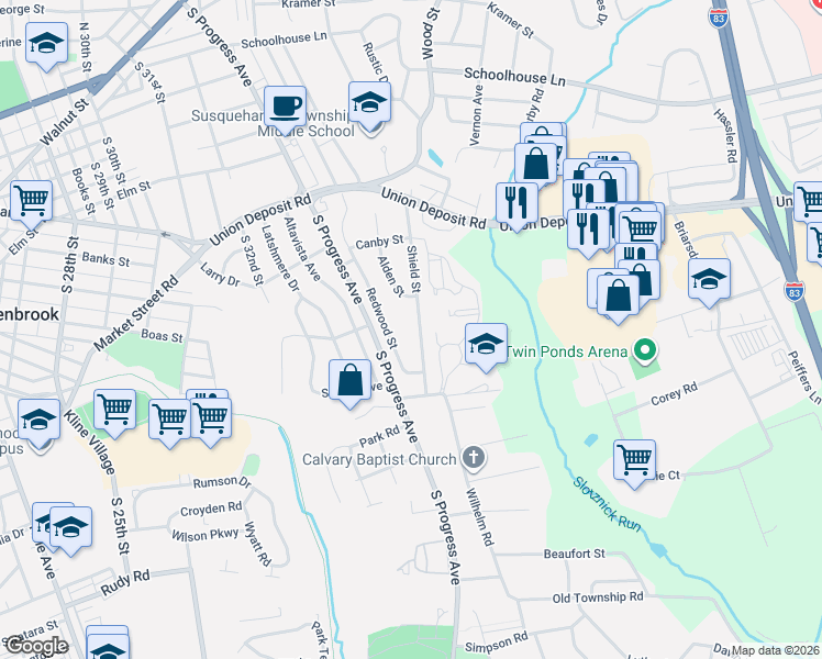 map of restaurants, bars, coffee shops, grocery stores, and more near 609 Shield Street in Harrisburg