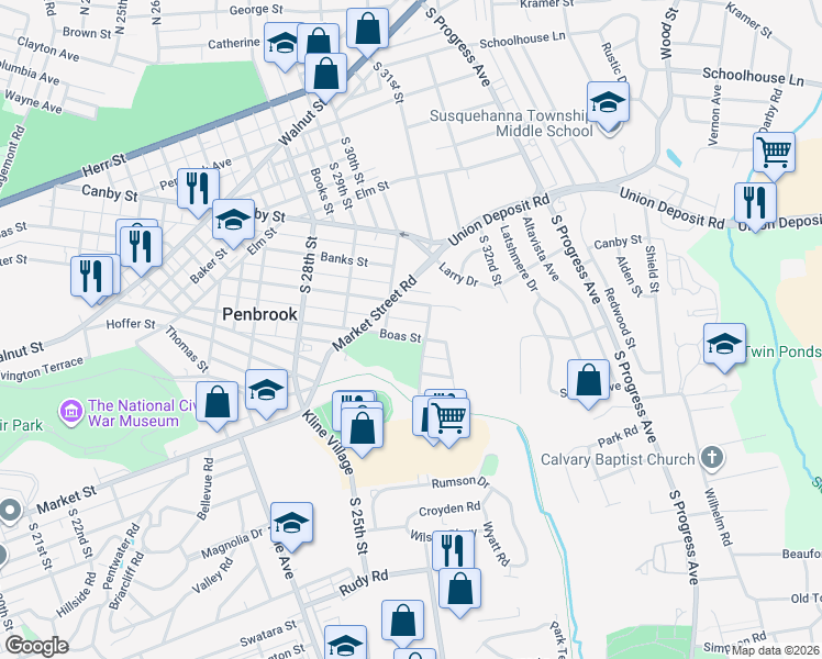 map of restaurants, bars, coffee shops, grocery stores, and more near 3048 Boas Street in Harrisburg