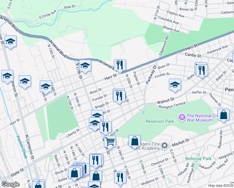 map of restaurants, bars, coffee shops, grocery stores, and more near 1901 Forster Street in Harrisburg