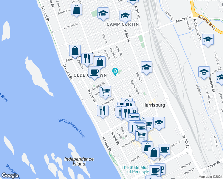 map of restaurants, bars, coffee shops, grocery stores, and more near 1738 North 3rd Street in Harrisburg