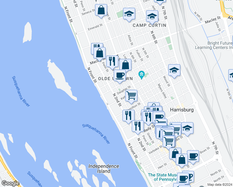 map of restaurants, bars, coffee shops, grocery stores, and more near 1827 North 2nd Street in Harrisburg