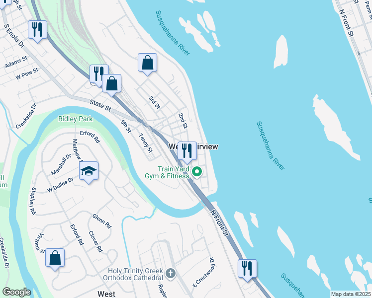 map of restaurants, bars, coffee shops, grocery stores, and more near in West Fairview