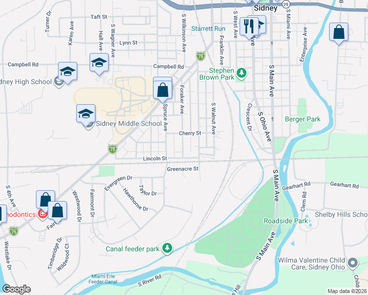 map of restaurants, bars, coffee shops, grocery stores, and more near 869 Chestnut Avenue in Sidney