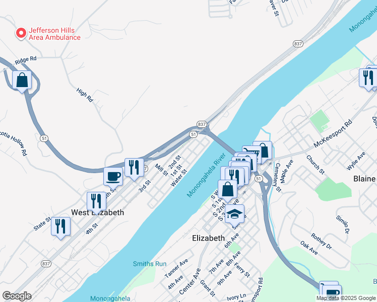 map of restaurants, bars, coffee shops, grocery stores, and more near 322 South 1st Avenue in Elizabeth