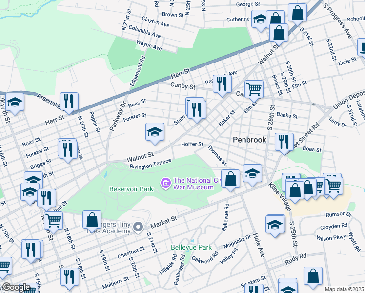 map of restaurants, bars, coffee shops, grocery stores, and more near 2309 Hoffer Street in Harrisburg