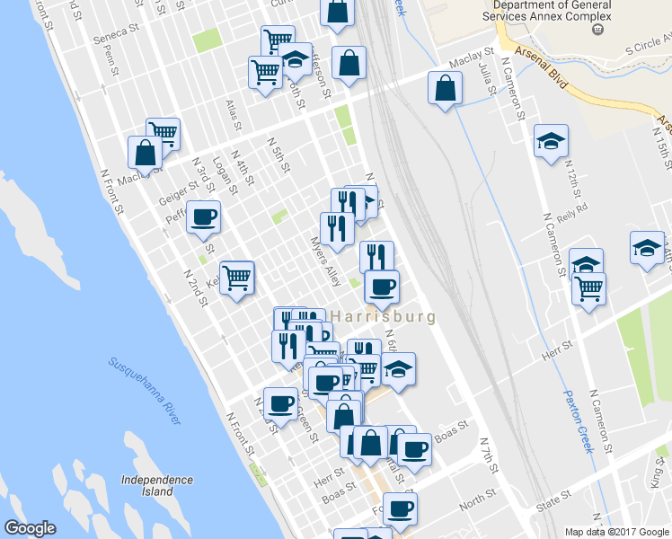map of restaurants, bars, coffee shops, grocery stores, and more near 1630 North 5th Street in Harrisburg