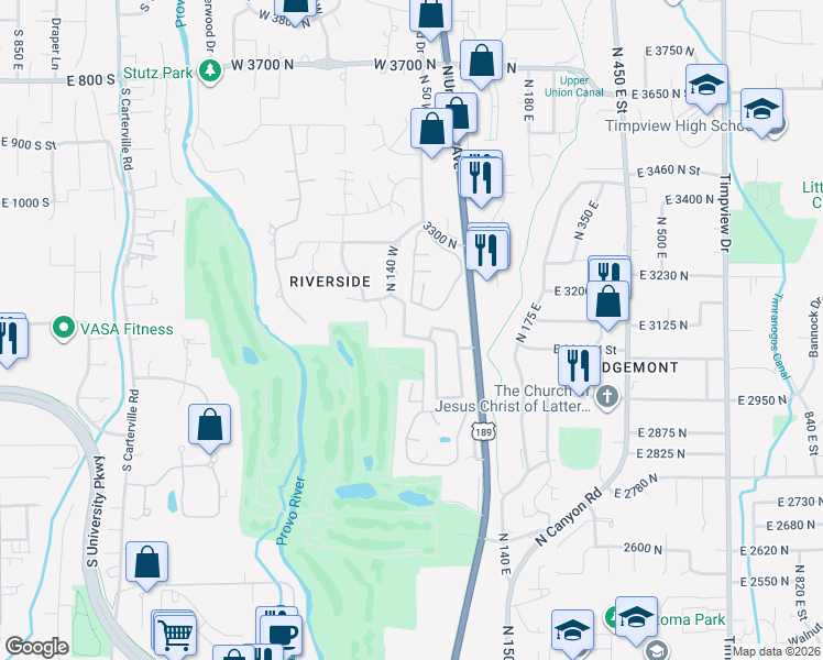 map of restaurants, bars, coffee shops, grocery stores, and more near 134 West 3100 North Street in Provo