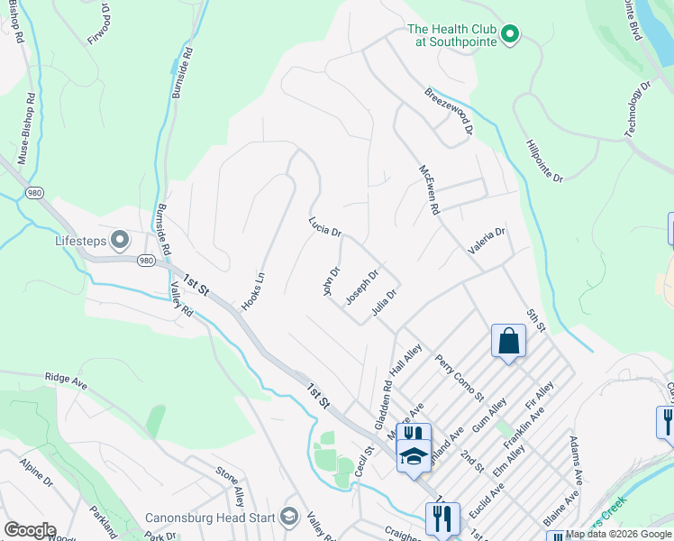 map of restaurants, bars, coffee shops, grocery stores, and more near 136 John Drive in Canonsburg
