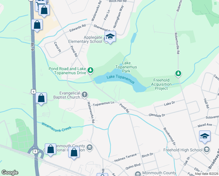 map of restaurants, bars, coffee shops, grocery stores, and more near 187 Pond Road in Freehold Township