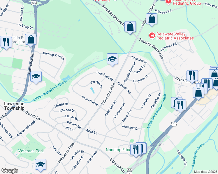 map of restaurants, bars, coffee shops, grocery stores, and more near 2881 Princeton Pike in Lawrence Township