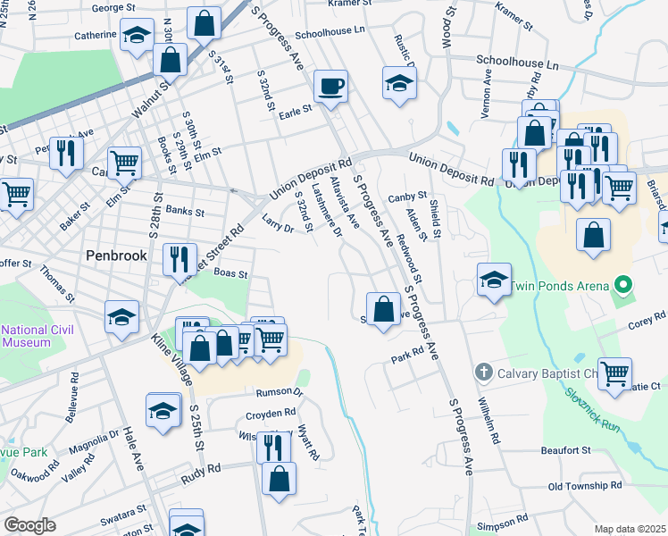 map of restaurants, bars, coffee shops, grocery stores, and more near 3202 Lescure Ave in Harrisburg