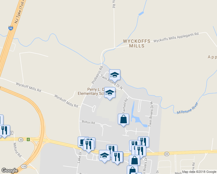 map of restaurants, bars, coffee shops, grocery stores, and more near 12 Twin Rivers Drive North in Hightstown