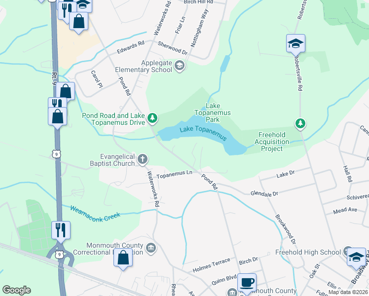 map of restaurants, bars, coffee shops, grocery stores, and more near 187 Pond Road in Freehold Township