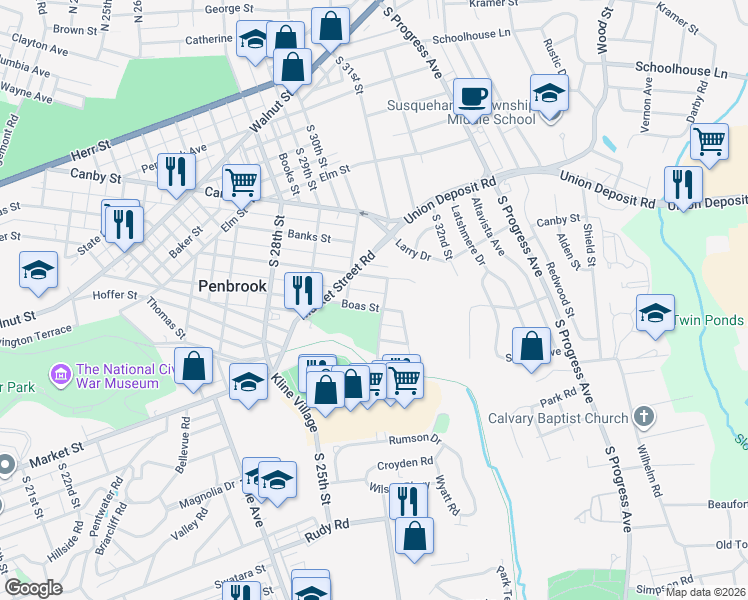 map of restaurants, bars, coffee shops, grocery stores, and more near 3048 Boas Street in Harrisburg