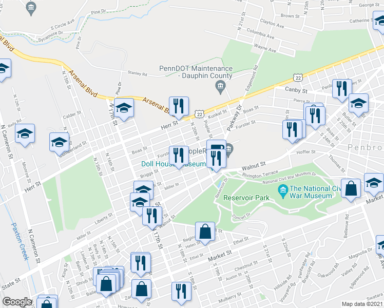 map of restaurants, bars, coffee shops, grocery stores, and more near 1928 Briggs Street in Harrisburg