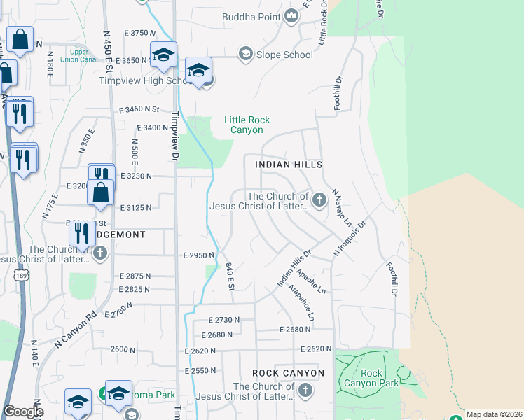 map of restaurants, bars, coffee shops, grocery stores, and more near 3093 Cherokee Lane in Provo