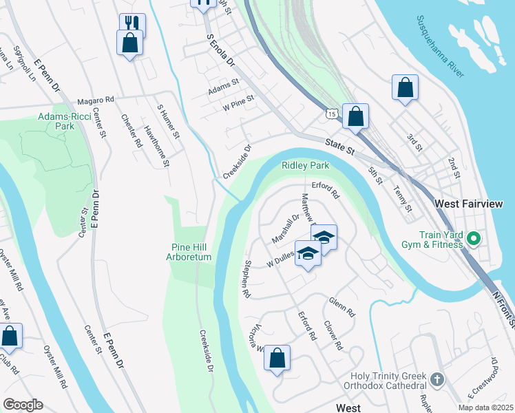 map of restaurants, bars, coffee shops, grocery stores, and more near 611 Erford Road in Camp Hill