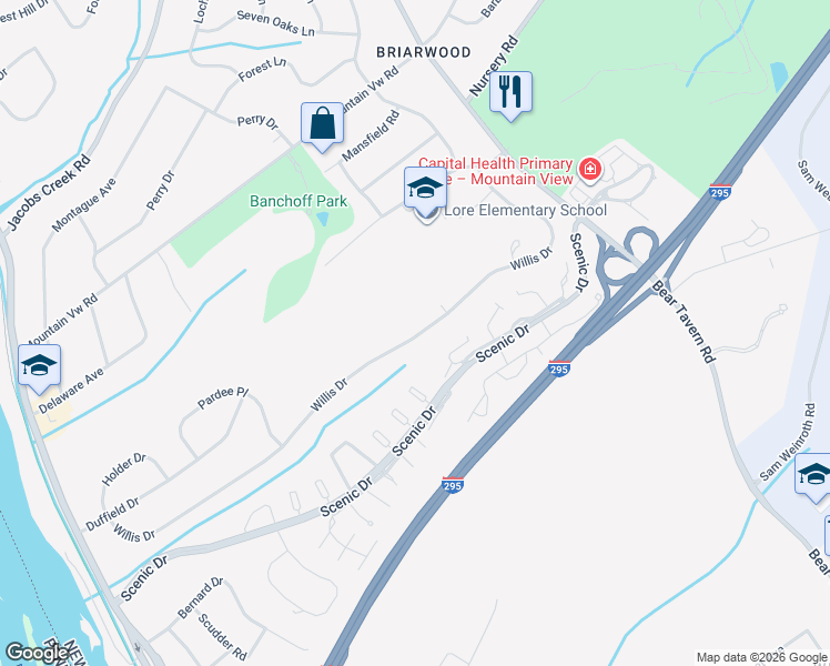map of restaurants, bars, coffee shops, grocery stores, and more near 67 Willis Drive in Ewing Township