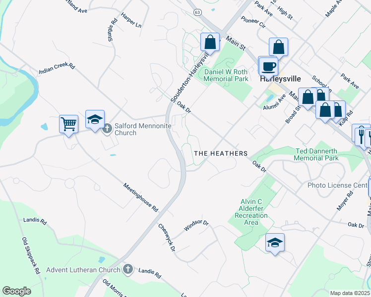 map of restaurants, bars, coffee shops, grocery stores, and more near 523 Summerhill Lane in Harleysville