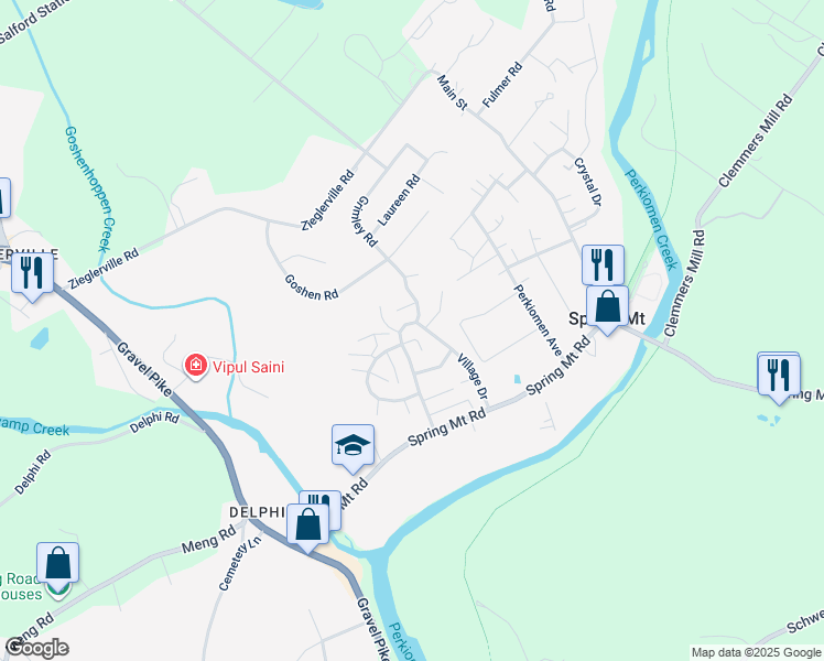 map of restaurants, bars, coffee shops, grocery stores, and more near 128 Village Drive in Schwenksville