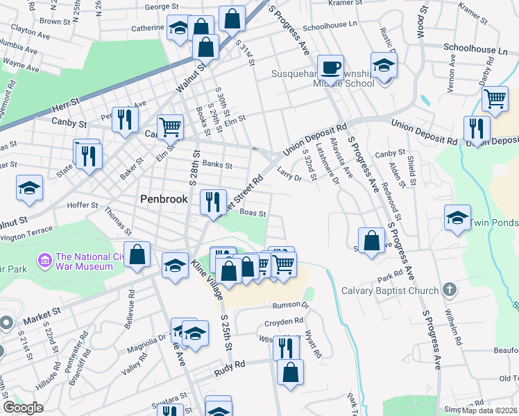 map of restaurants, bars, coffee shops, grocery stores, and more near 3048 Boas Street in Harrisburg
