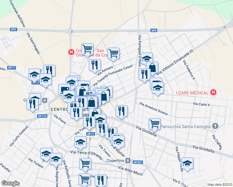 map of restaurants, bars, coffee shops, grocery stores, and more near 17 Via Monsignor Salvatore Nestola in Copertino