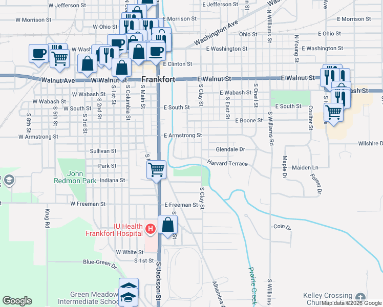 map of restaurants, bars, coffee shops, grocery stores, and more near 757 S Harrison St in Frankfort