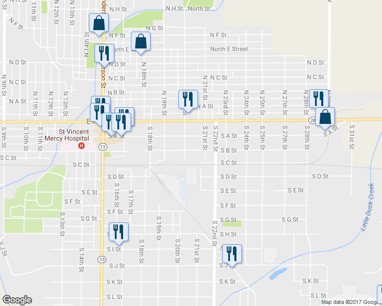 map of restaurants, bars, coffee shops, grocery stores, and more near 2011 South B Street in Elwood