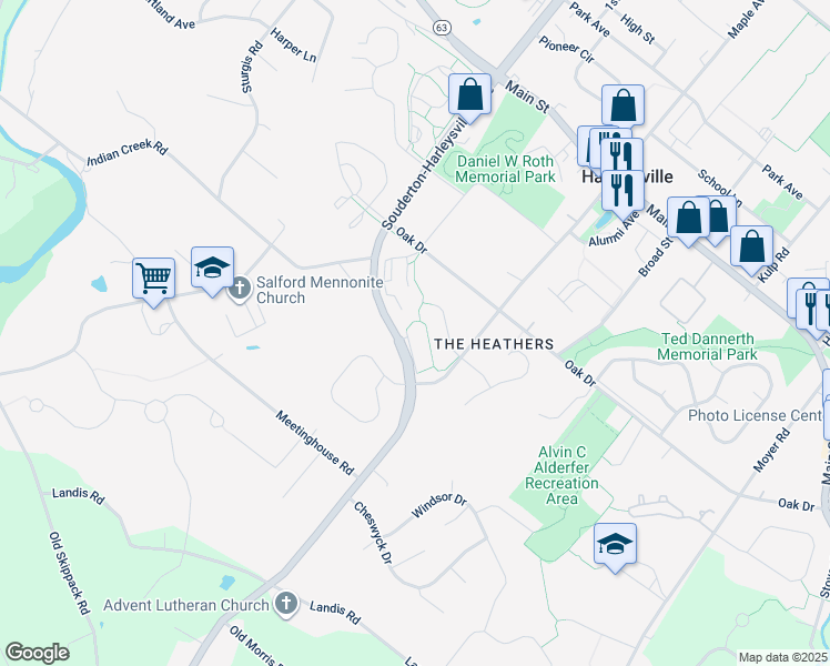 map of restaurants, bars, coffee shops, grocery stores, and more near 523 Summerhill Lane in Harleysville