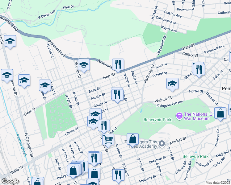 map of restaurants, bars, coffee shops, grocery stores, and more near 1901 Forster Street in Harrisburg