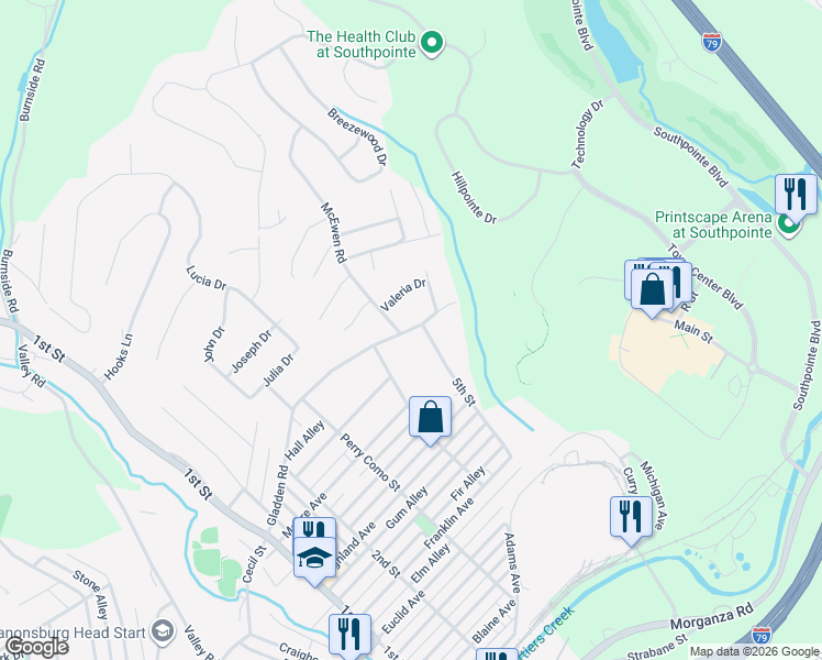 map of restaurants, bars, coffee shops, grocery stores, and more near 726 Gladden Road in Canonsburg