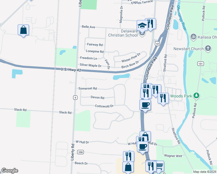 map of restaurants, bars, coffee shops, grocery stores, and more near 134 Somerset Road in Delaware