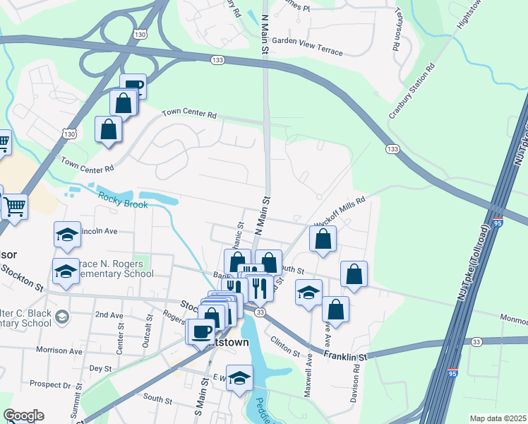 map of restaurants, bars, coffee shops, grocery stores, and more near North Main Street & Wilson Avenue in Hightstown