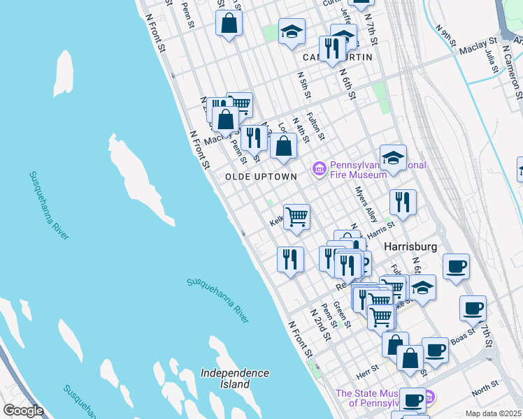 map of restaurants, bars, coffee shops, grocery stores, and more near 1823 North 2nd Street in Harrisburg