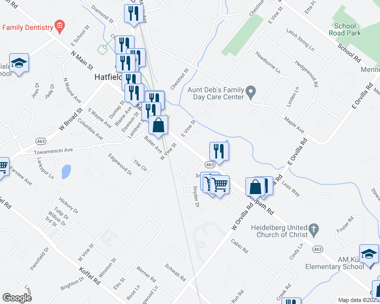map of restaurants, bars, coffee shops, grocery stores, and more near 536 South Main Street in Hatfield